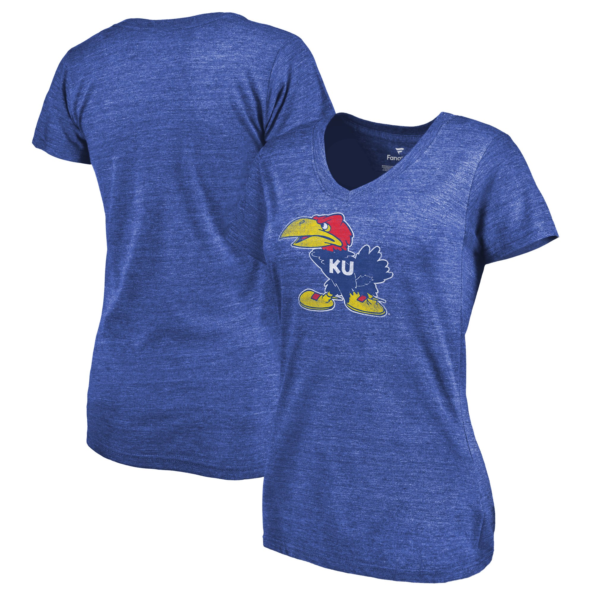 2020 NCAA Fanatics Branded Kansas Jayhawks Women Royal College Vault Primary Logo TriBlend VNeck TShirt